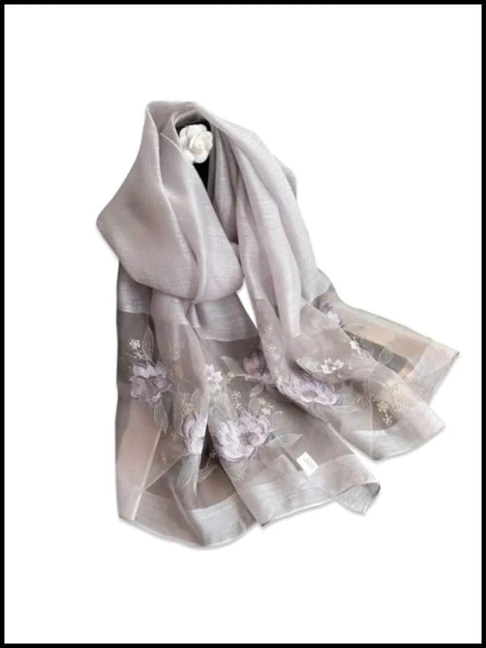 Silk Chiffon Scarf With Lotus Embroidery, Lightweight Shawl Wrap, Floral Pattern